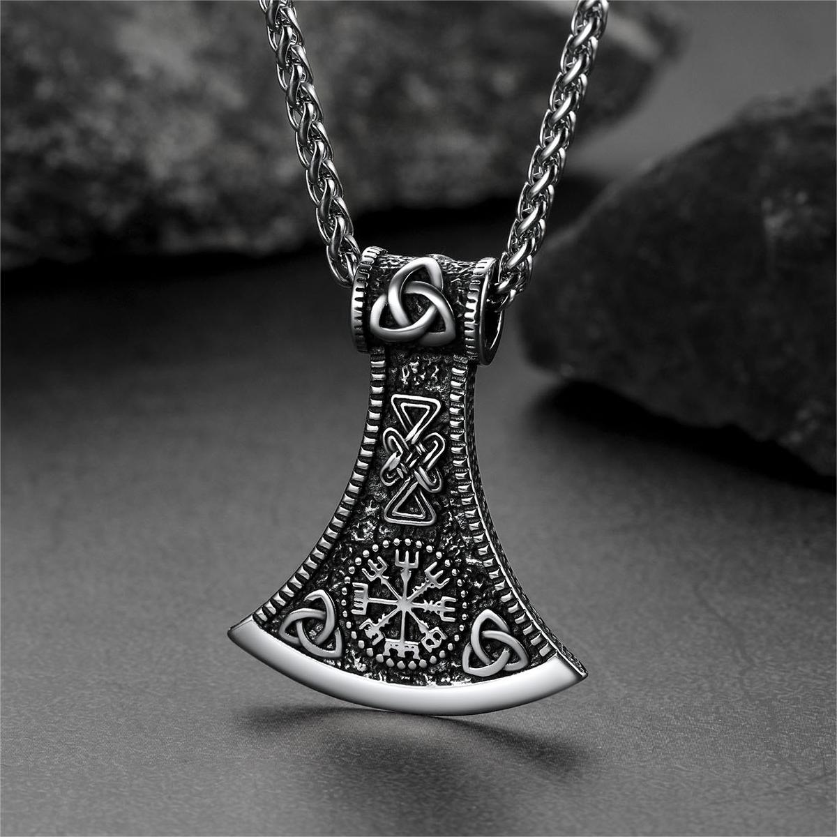 Battle Axe Viking Pendant Necklace with Compass For Men