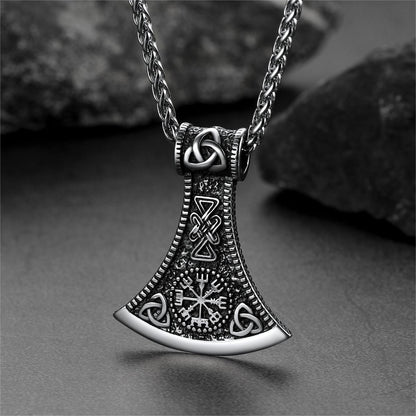 Battle Axe Viking Pendant Necklace with Compass For Men