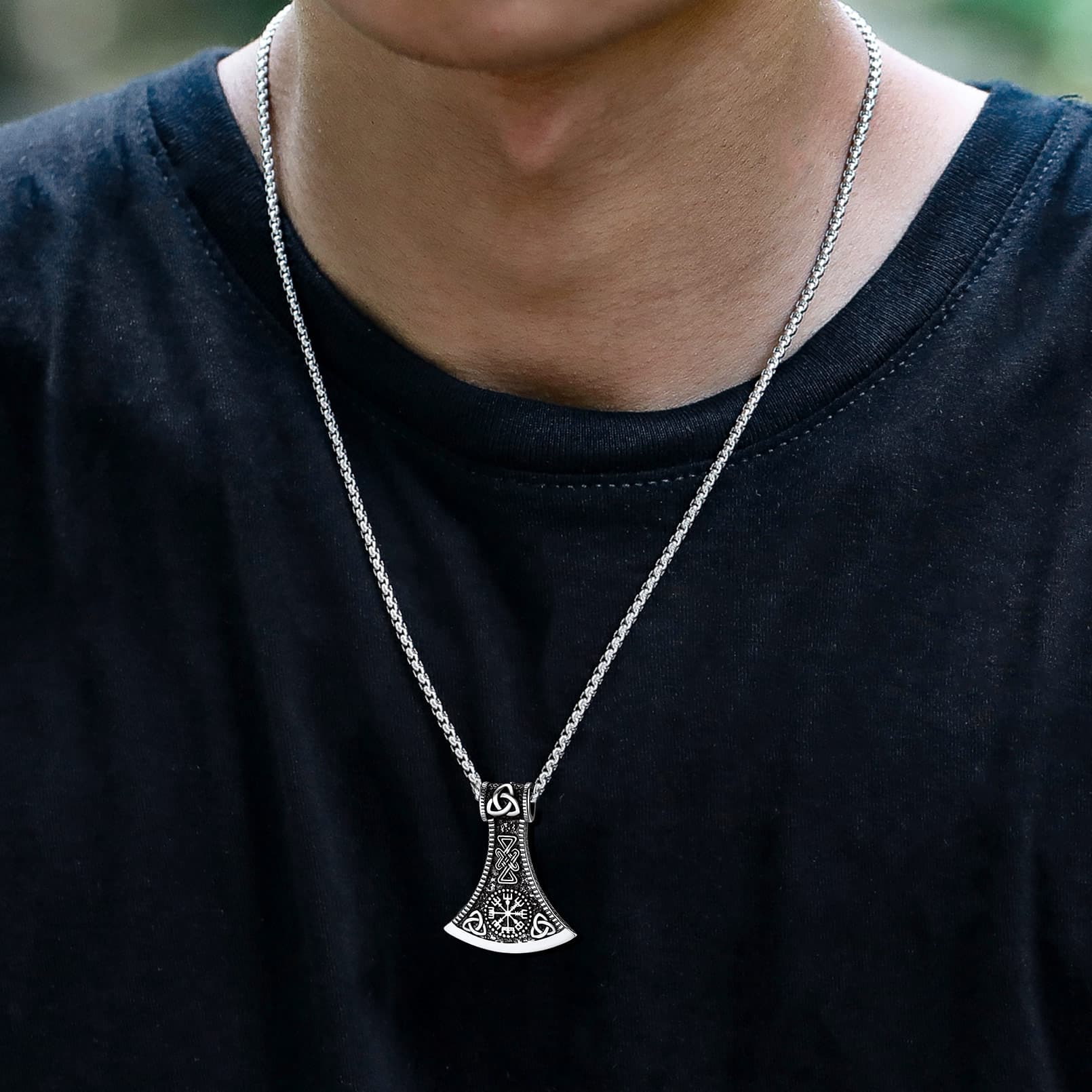 Battle Axe Viking Pendant Necklace with Compass For Men