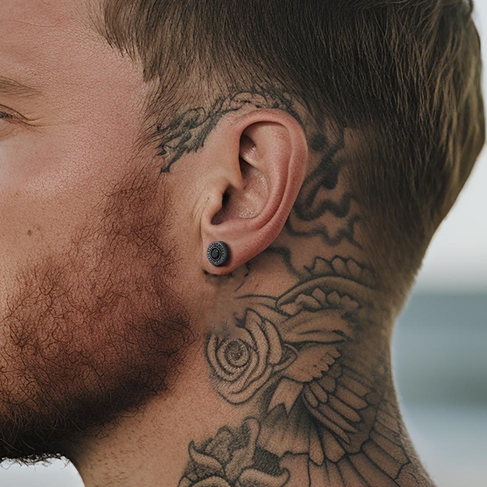 Sterling Silver Viking Runes Gemstone Stud Earrings for Men