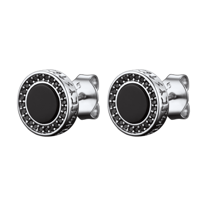 Viking Rune Black Onyx Stud Earrings in Sterling Silver for Men
