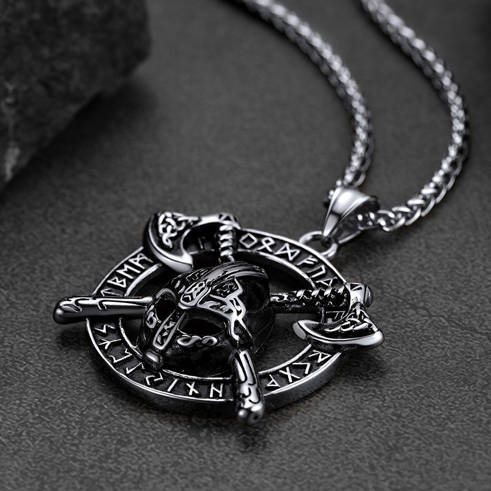 Viking Axe Helmet Pendant Necklace For Men With Runes