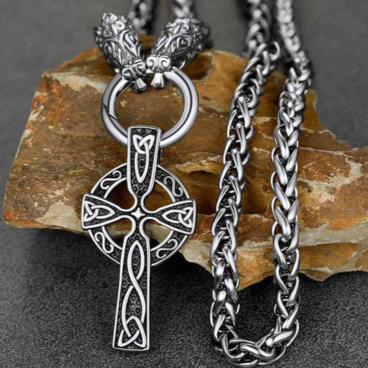Celtic Knot Cross Necklace With Wolf Rope Chain For Men