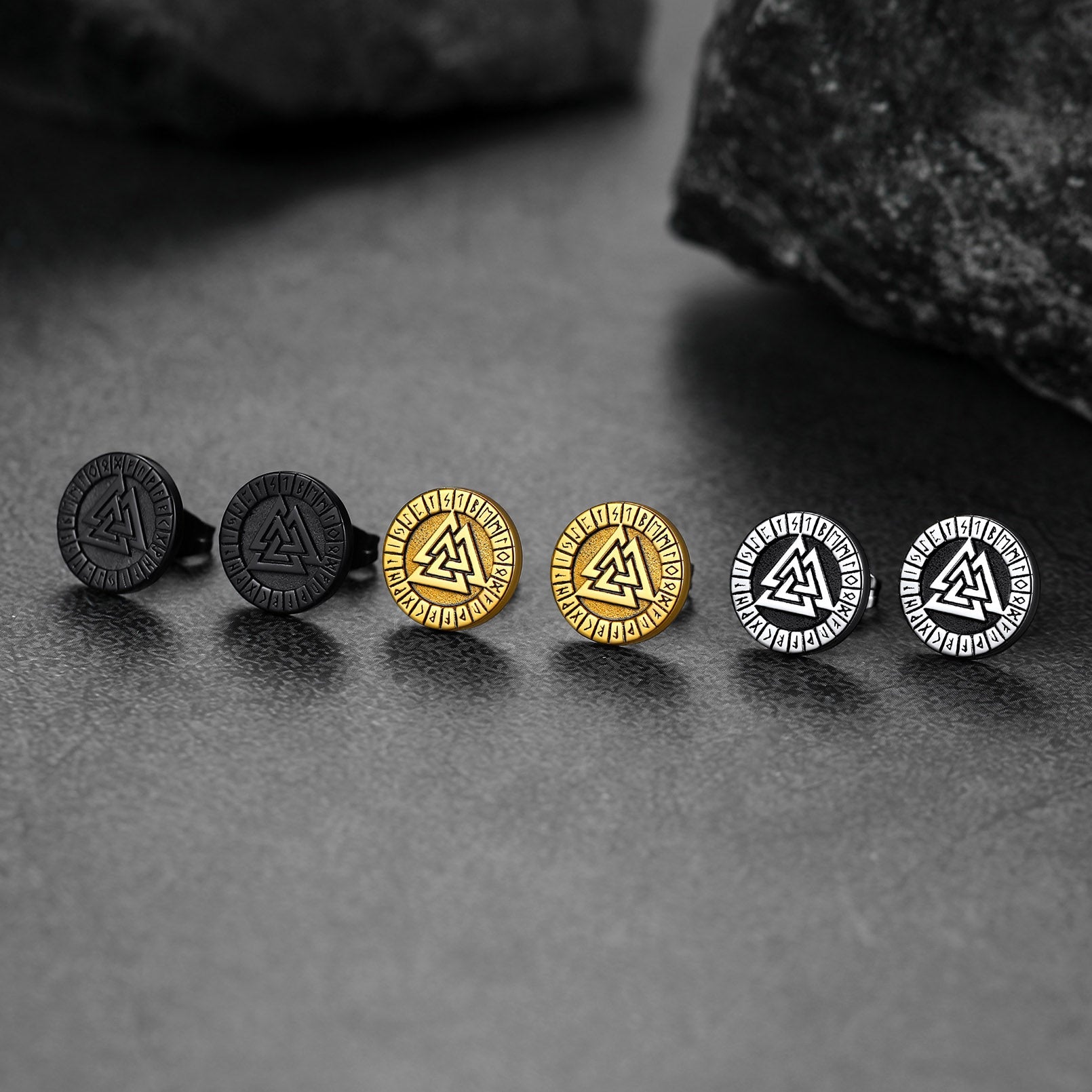 Viking Valknut Black Stud Earrings For Men With Runes