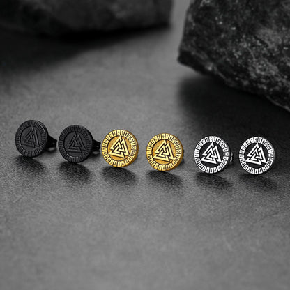 Viking Valknut Black Stud Earrings For Men With Runes