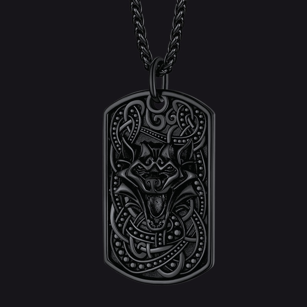Engraved Viking Celtic Wolf Dog Tag Necklace for Men