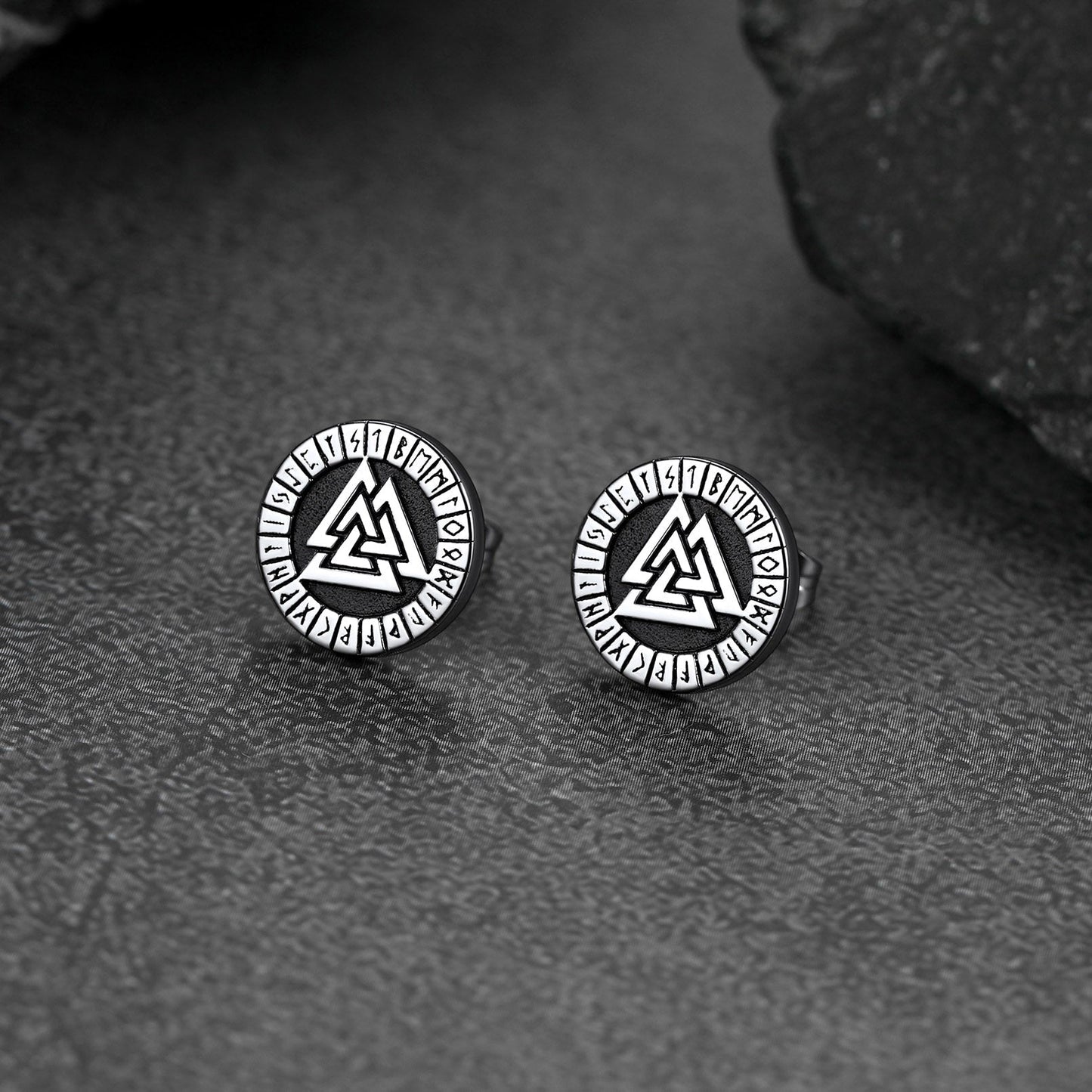 Viking Valknut Black Stud Earrings For Men With Runes