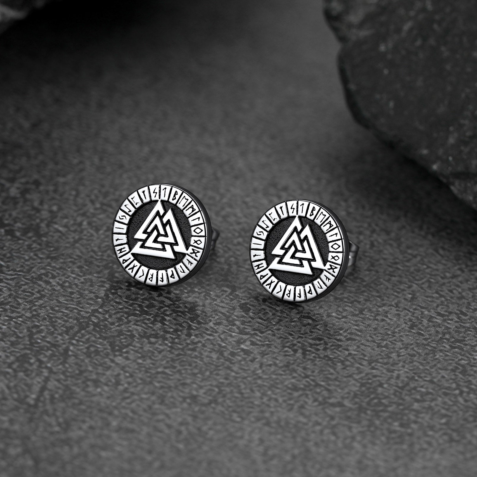 Viking Valknut Black Stud Earrings For Men With Runes