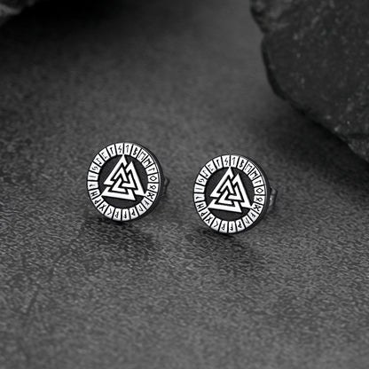 Viking Valknut Black Stud Earrings For Men With Runes
