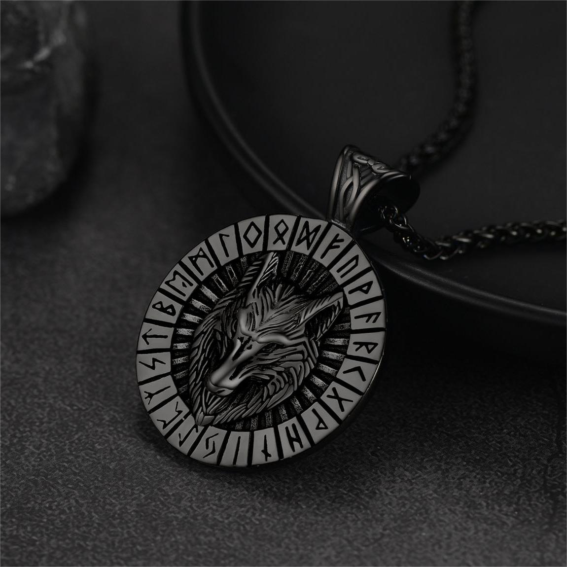 Viking Wolf Medal Necklace With Runes Jewelry For Men