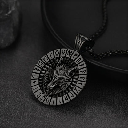 Viking Wolf Medal Necklace With Runes Jewelry For Men