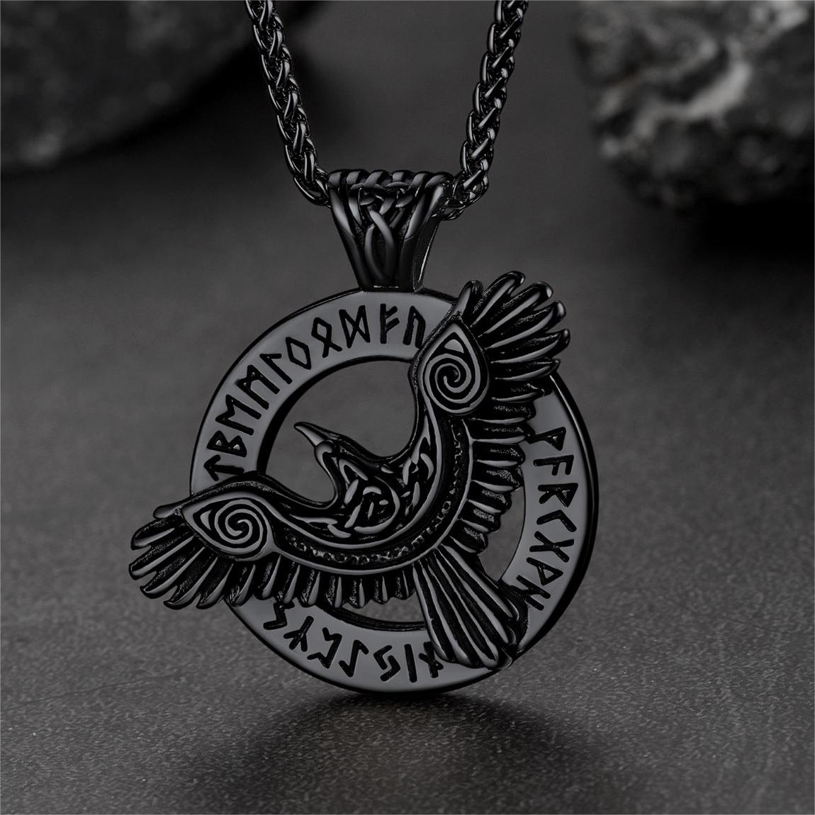 Viking Odin's Raven Necklace For Men With Runes