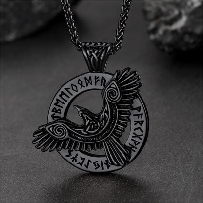 Viking Odin's Raven Necklace For Men With Runes
