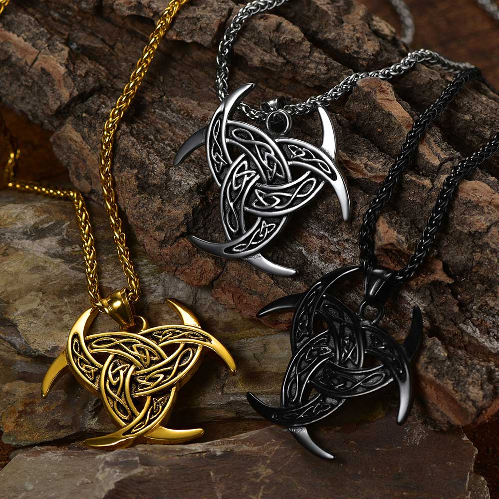 Viking Triple Horn of Odin Necklace Crescent Triquetra Charm Amuelt for Men