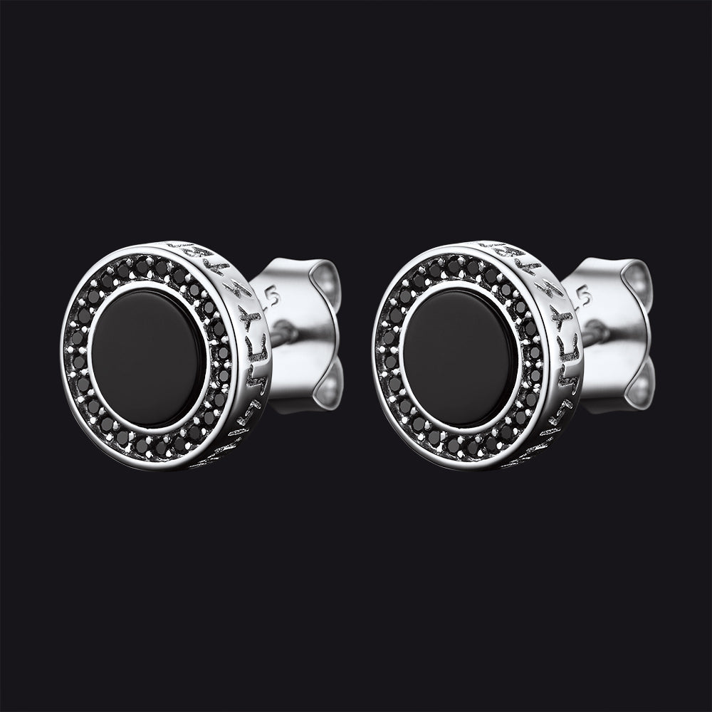 Viking Rune Black Onyx Stud Earrings in Sterling Silver for Men