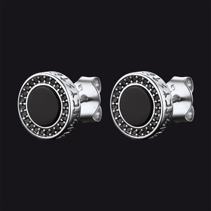 Viking Rune Black Onyx Stud Earrings in Sterling Silver for Men