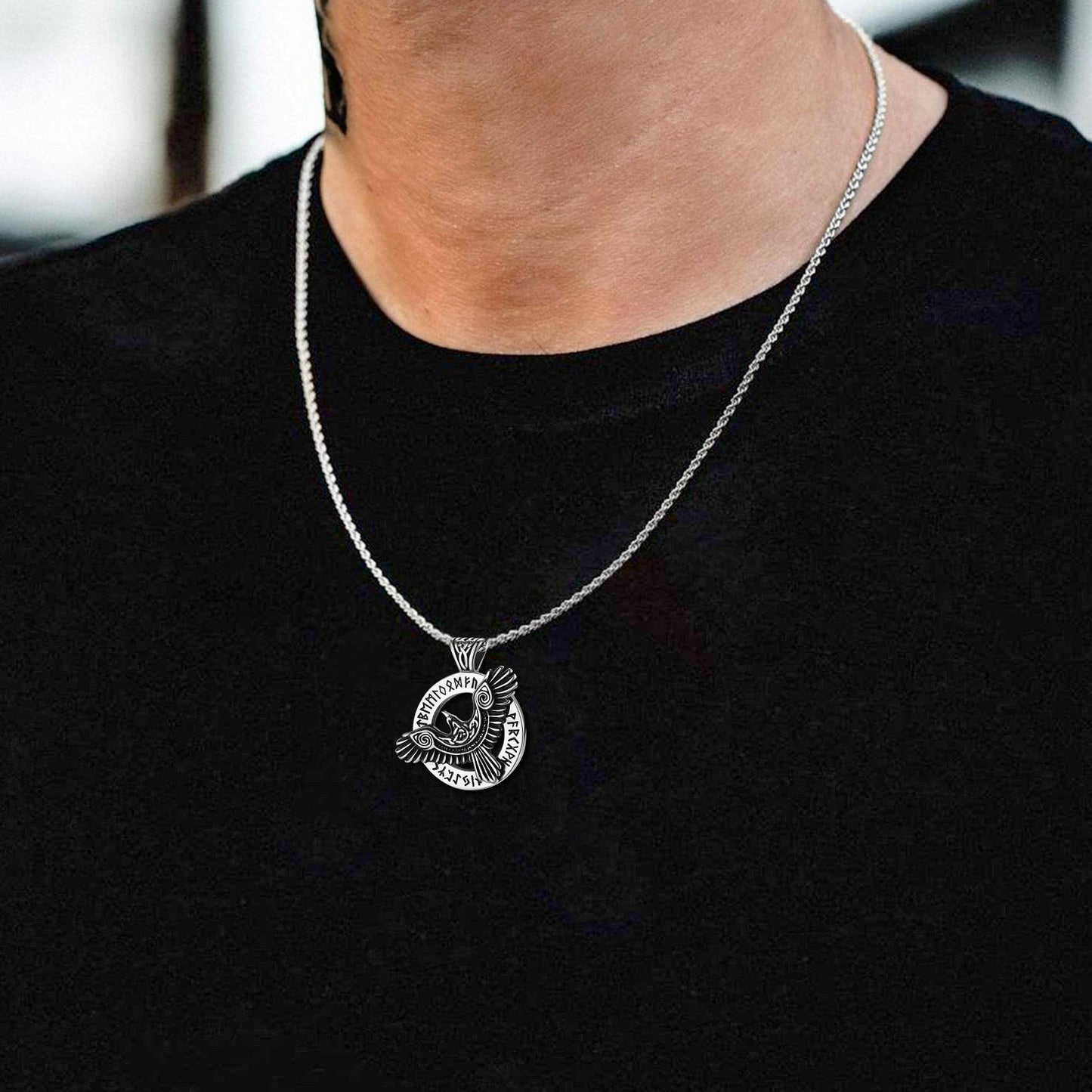 Viking Odin's Raven Necklace For Men With Runes