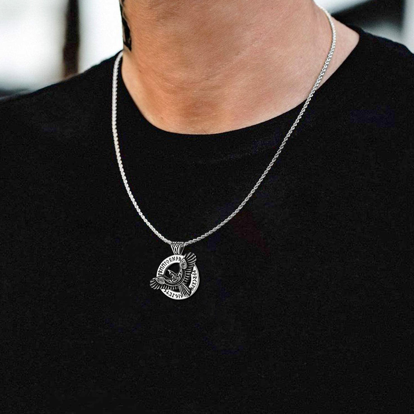 Viking Odin's Raven Necklace For Men With Runes