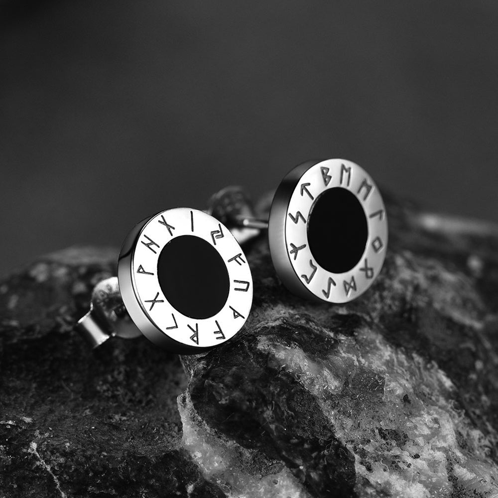 Black Onyx Stud Earrings With Viking Runes in Sterling Silver