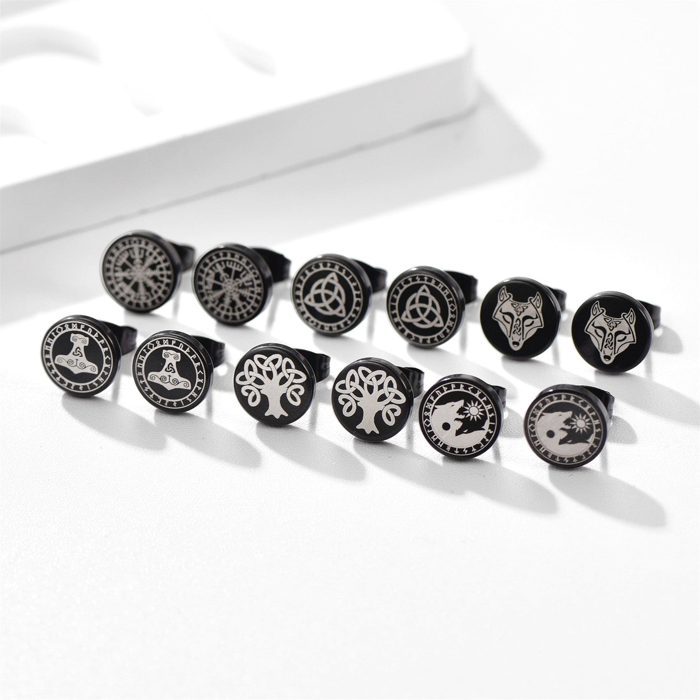 Viking Black Stud Earrings Set For Men 6 Pairs