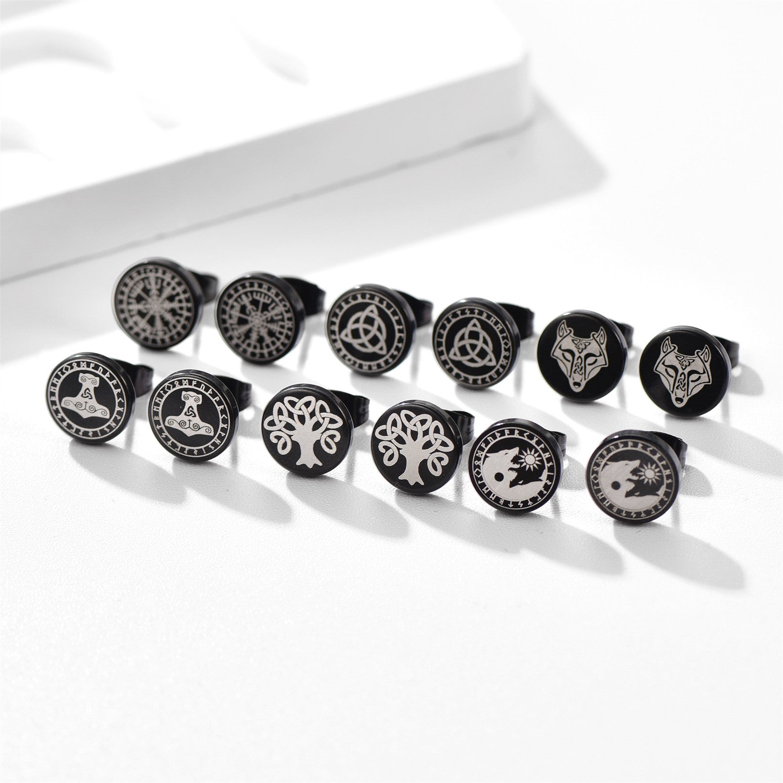 Viking Black Stud Earrings Set For Men 6 Pairs