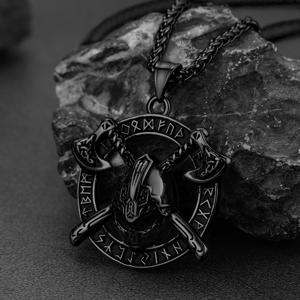 Viking Axe Helmet Pendant Necklace For Men With Runes