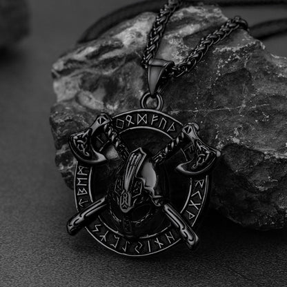 Viking Axe Helmet Pendant Necklace For Men With Runes