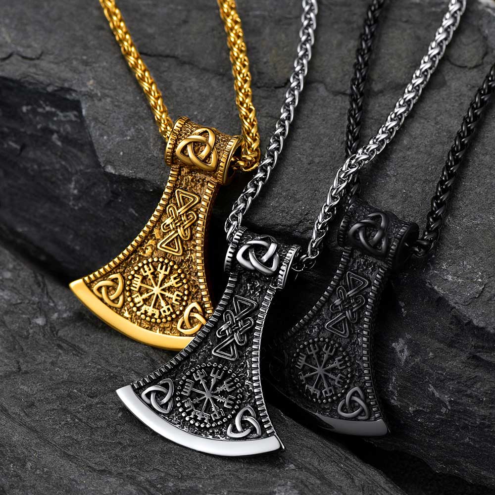 Battle Axe Viking Pendant Necklace with Compass For Men