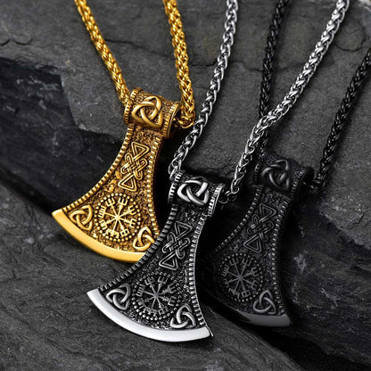 Battle Axe Viking Pendant Necklace with Compass For Men