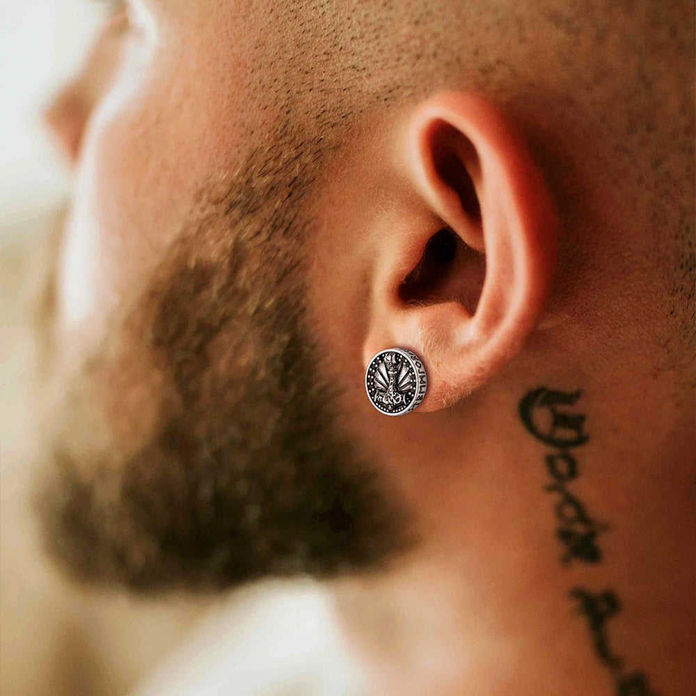 Viking Thor's Hammer Stud Earrings With Runes in Sterling Silver