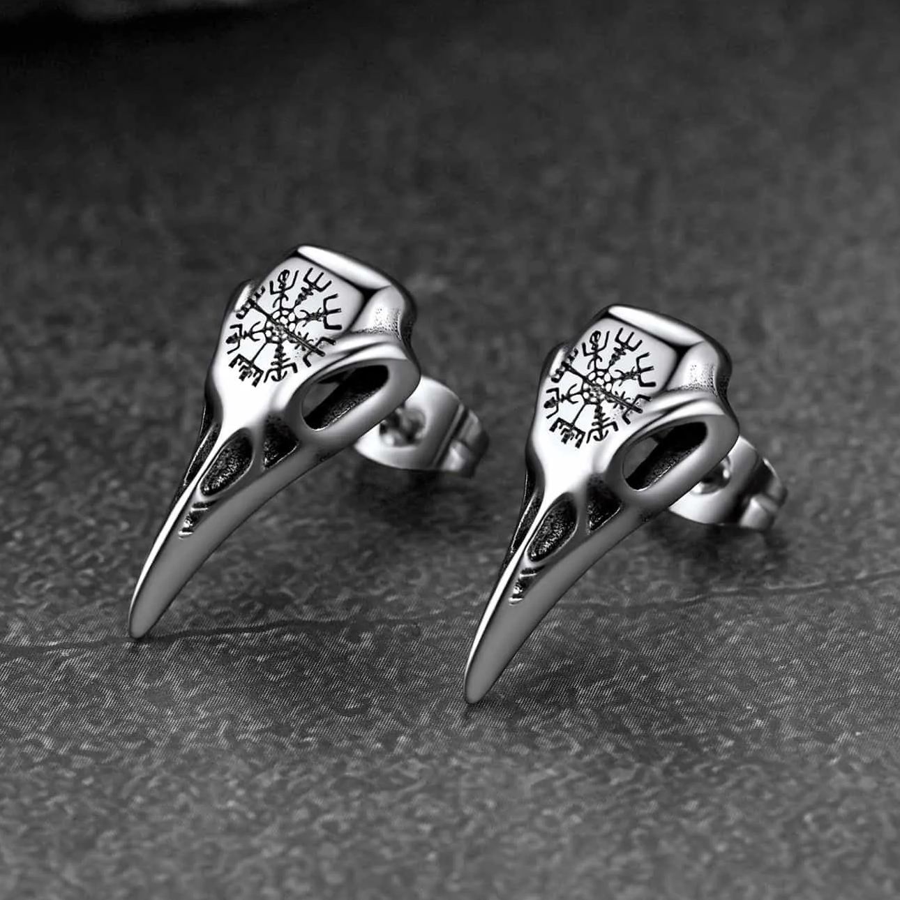 Viking Raven Skull Stud Earrings With Viking Vegvisir For Men Women