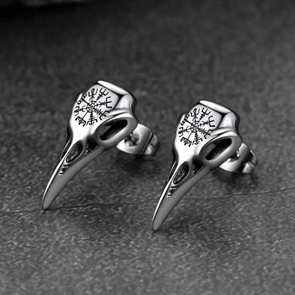 Viking Raven Skull Stud Earrings With Viking Vegvisir For Men Women