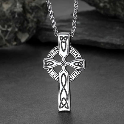 Irish Celtic Cross Pendant Necklace with Viking Runes for Men