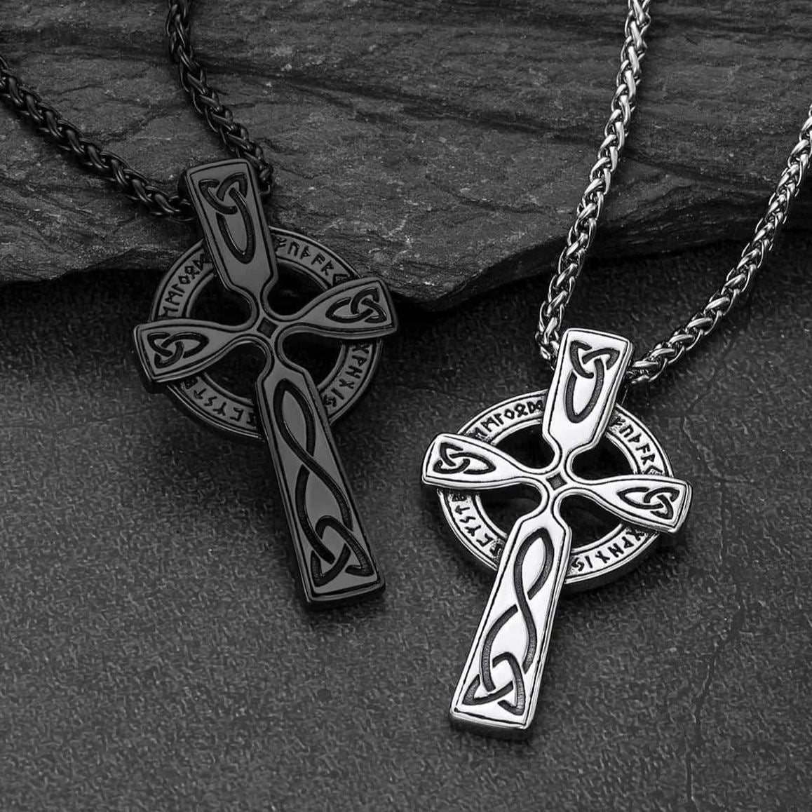 Irish Celtic Cross Pendant Necklace with Viking Runes for Men