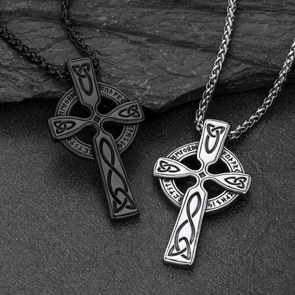Irish Celtic Cross Pendant Necklace with Viking Runes for Men