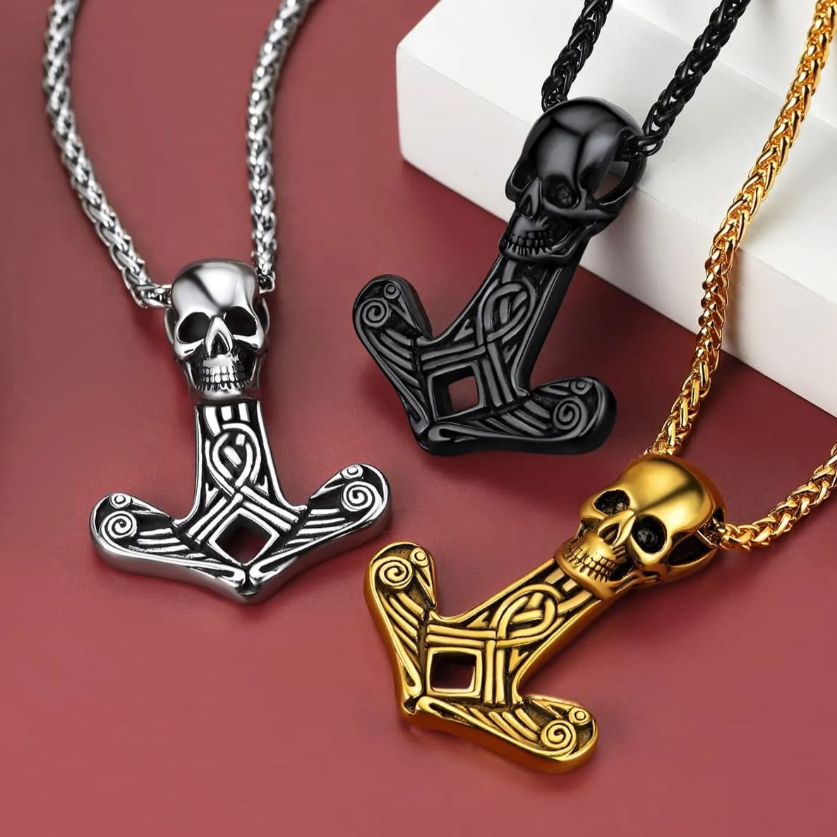 Viking Skull Spear Pendant Necklace for Men