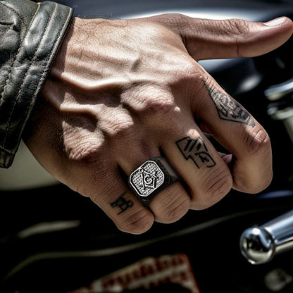 Square Masonic Signet Ring with Runes for Men