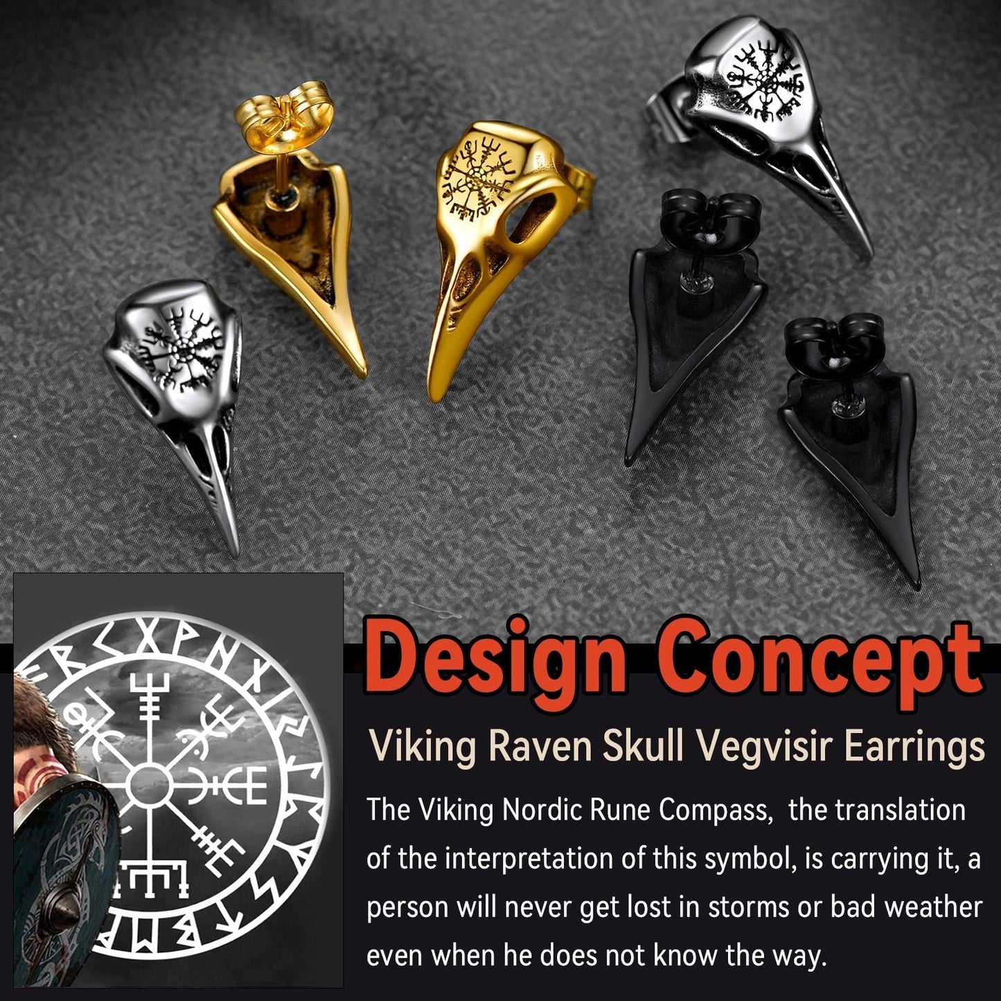 Viking Raven Skull Stud Earrings With Viking Vegvisir For Men Women