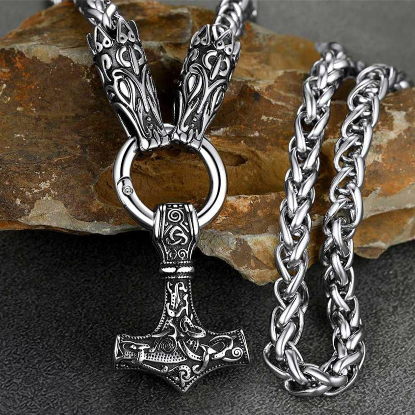 Viking Thor's Hammer Mjolnir Necklace For Men With Wolf Chain