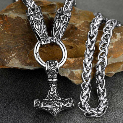 Viking Thor's Hammer Mjolnir Necklace For Men With Wolf Chain