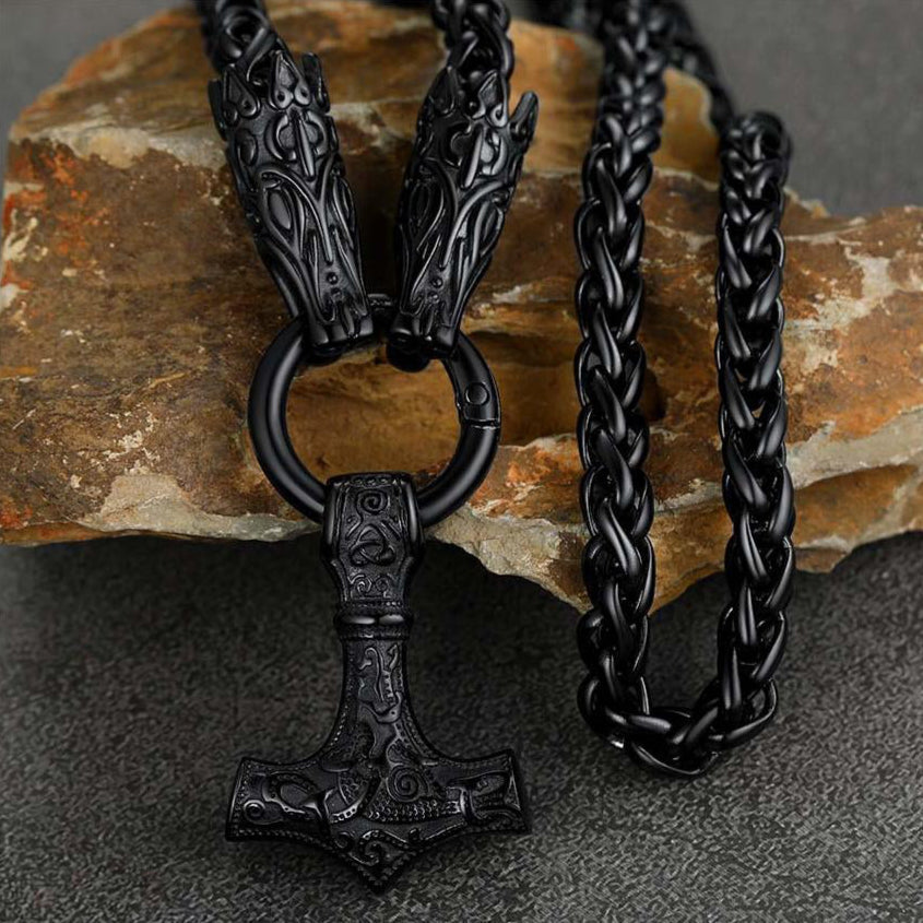 Viking Thor's Hammer Mjolnir Necklace For Men With Wolf Chain