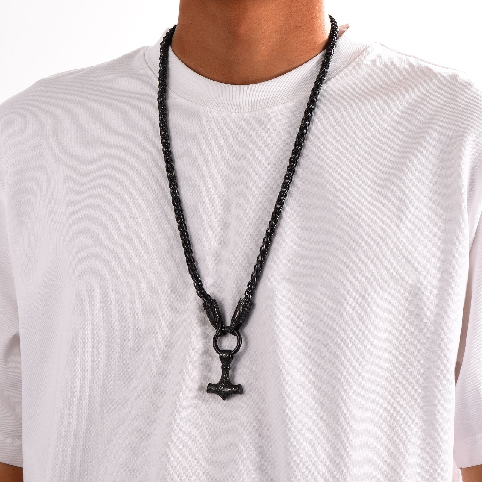 Viking Thor's Hammer Mjolnir Necklace For Men With Wolf Chain
