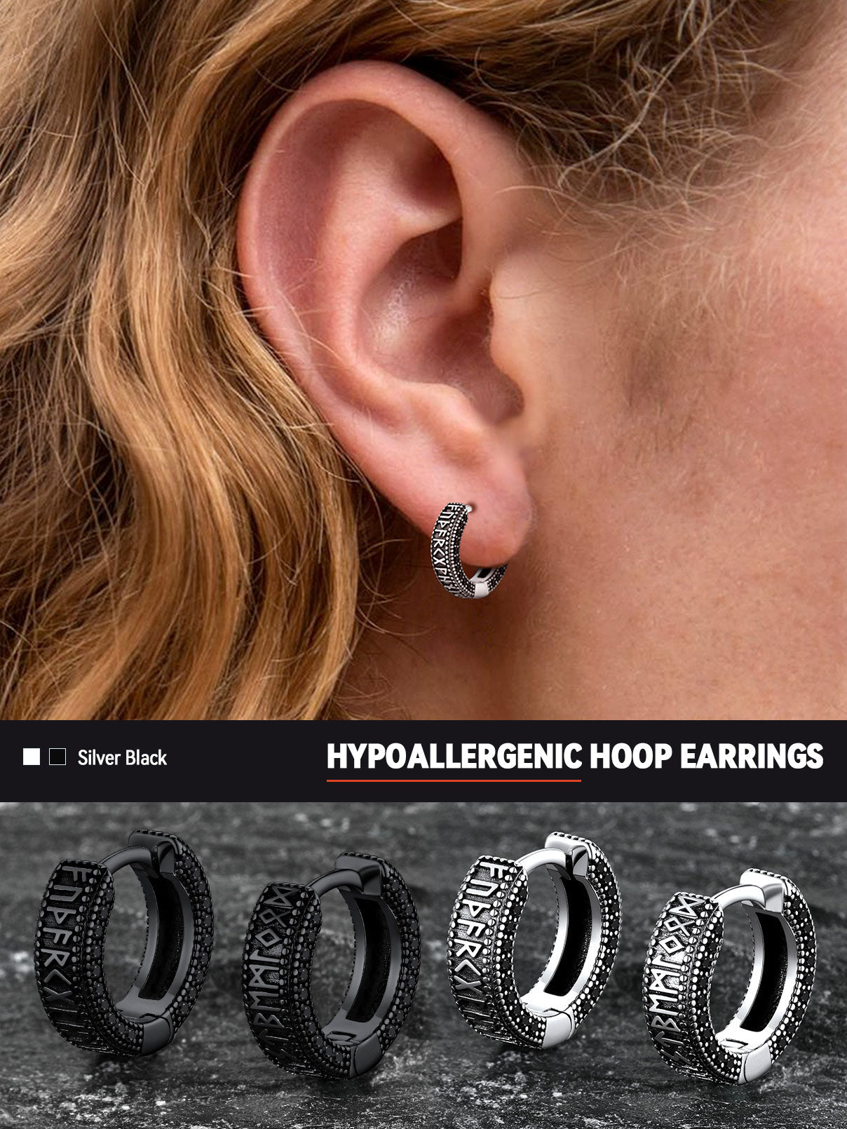 Sterling Silver Viking Runes Hoop Earrings With Black Zirconia for Men
