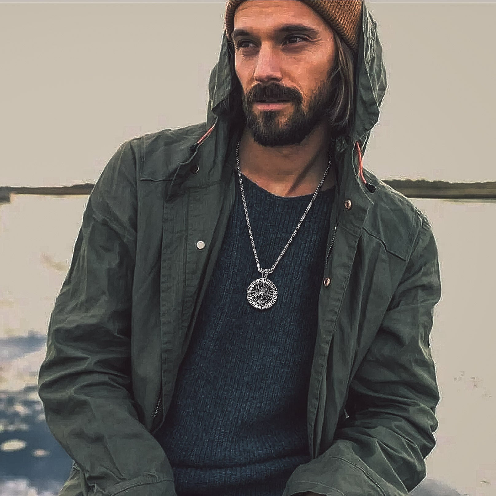 Viking Wolf Medal Necklace With Runes Jewelry For Men