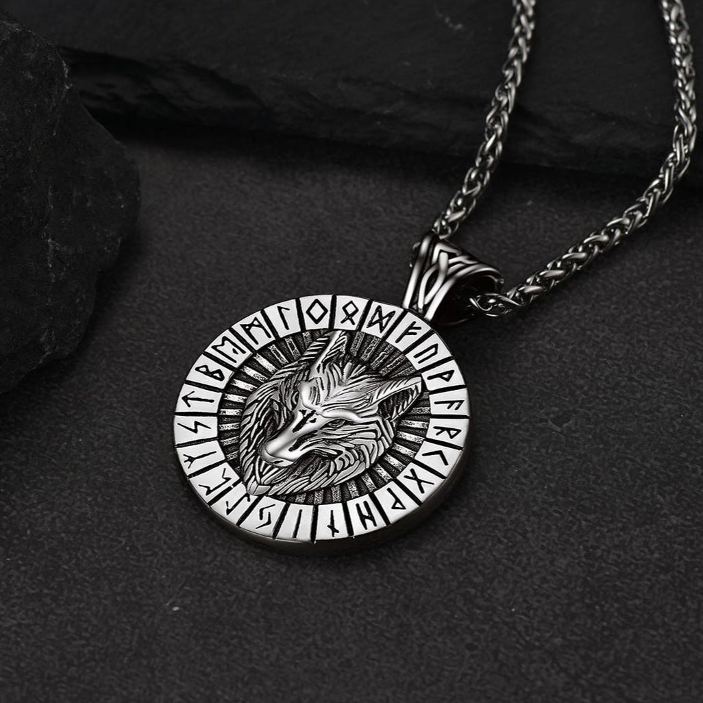 Viking Wolf Medal Necklace With Runes Jewelry For Men