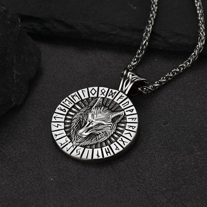 Viking Wolf Medal Necklace With Runes Jewelry For Men